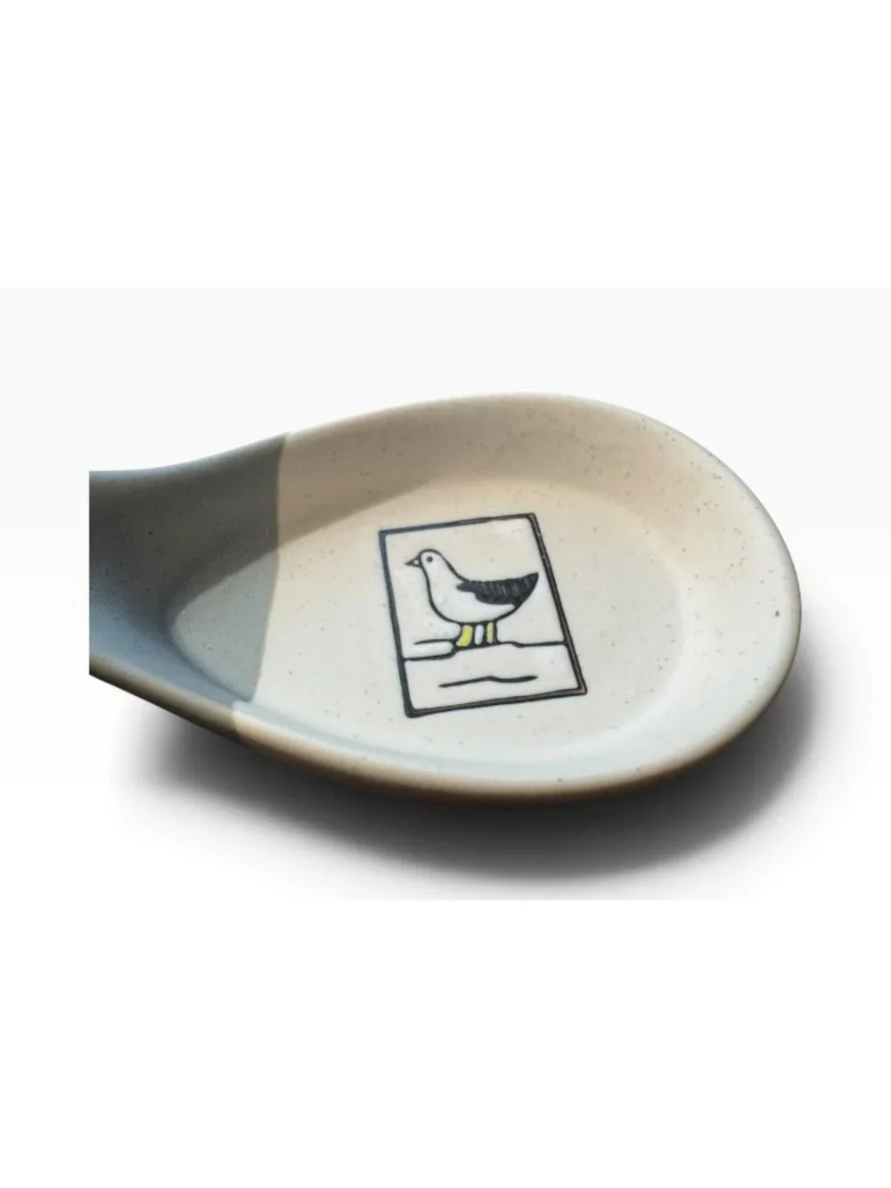 Bird Ceramic Spoon Rest With Bird Illustration Beige & Gray 6 Inches Long